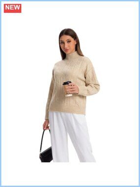 Mock Neck Cable Knit Sweater Women's Relaxed Fit Pullover
